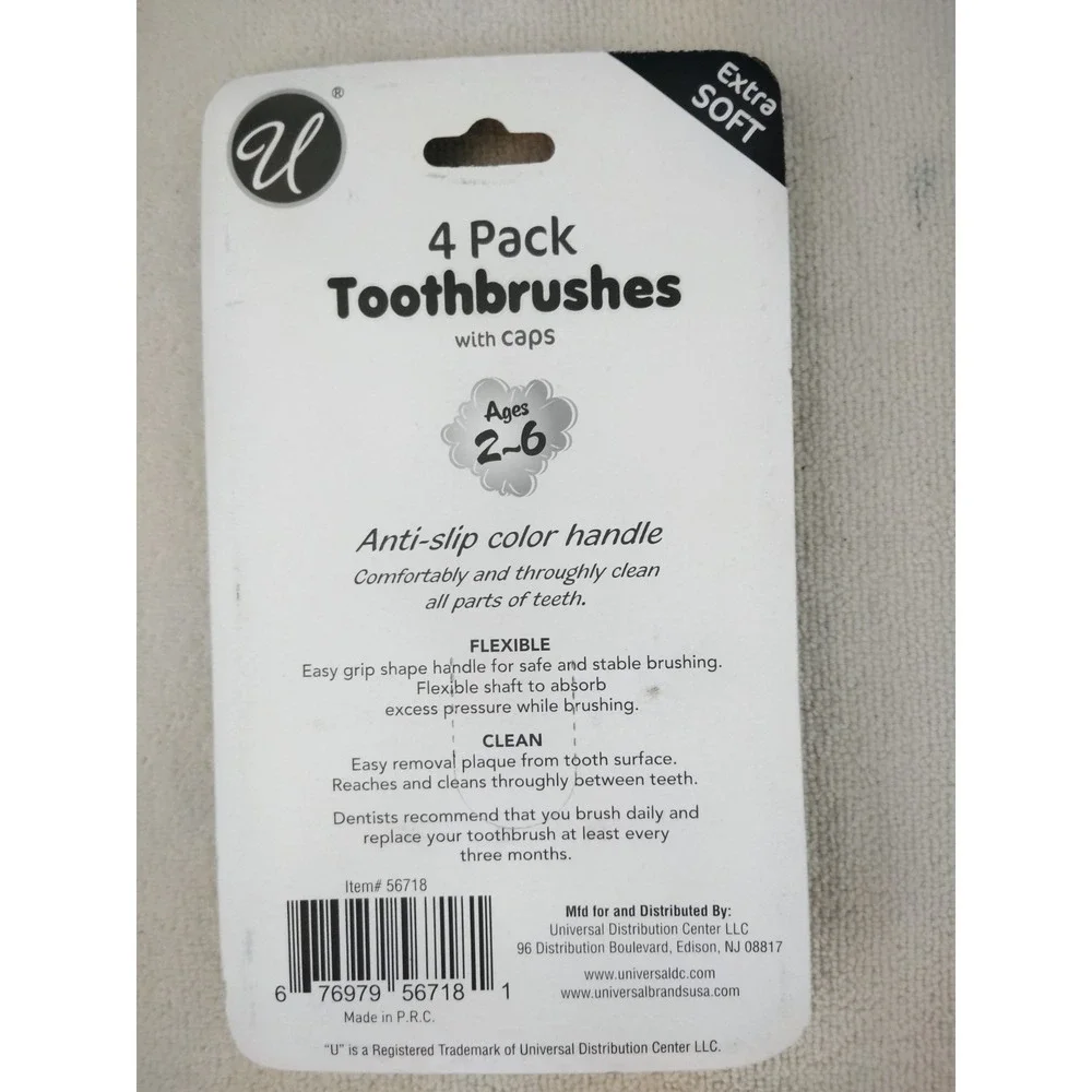 U Extra Soft Toothbrushes 4 Pack w/ Caps Anti-Slip Handle Ages 2-6